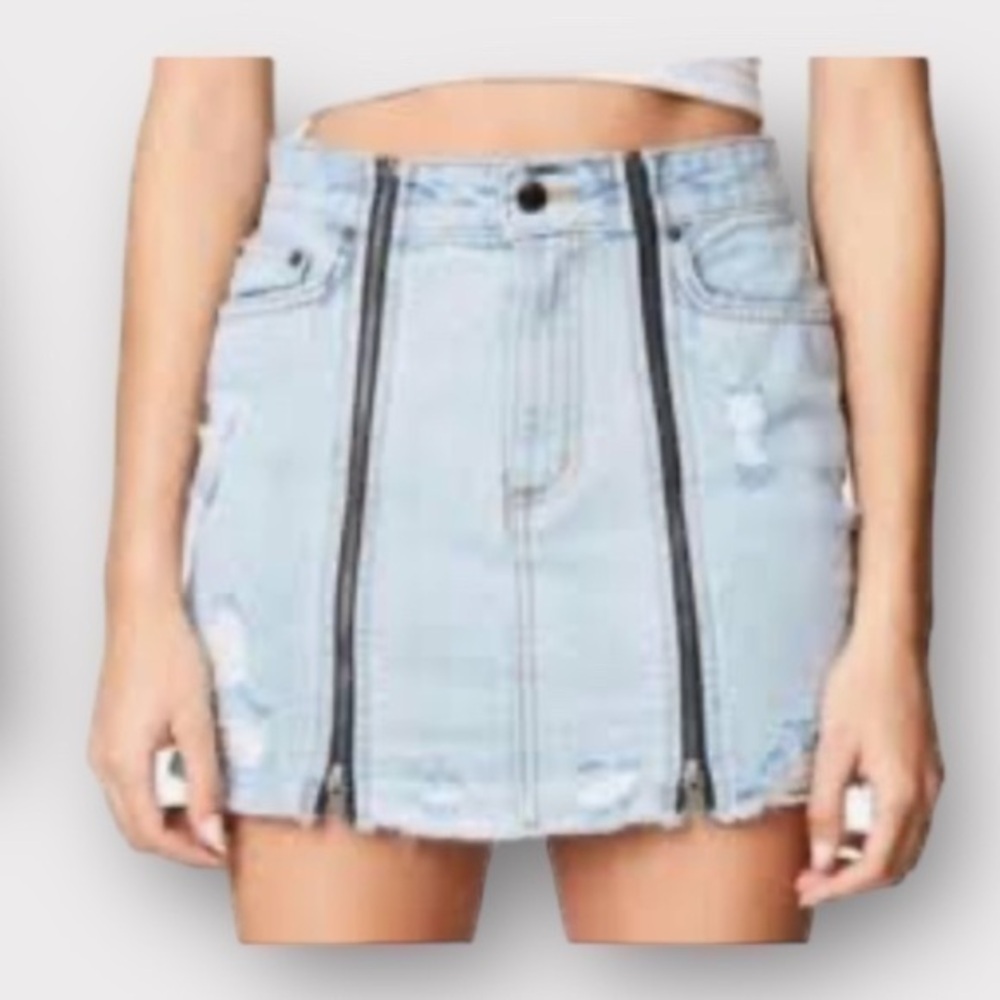 Carmar Colin Distressed Double Zip Front Denim Skirt Raw Hem Pockets